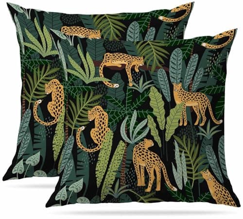 Image of Cushion Covers 50 x 50 cm Set of 2 Soft Short Plush Decorative Square Throw Pillow Case Pillowcases for Sofa Bedroom Outdoor Home Office Car Decor with Invisible Zipper Leopards and tropical leaves