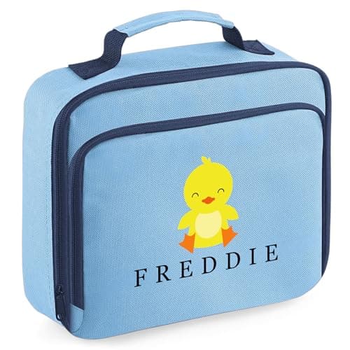 Image of Personalised Duck Lunch Bag for Boys Girls Kids Back to School Nursery Infants Primary Lunchbox Gift, 24cm x 20cm x 8cm, Sky Blue