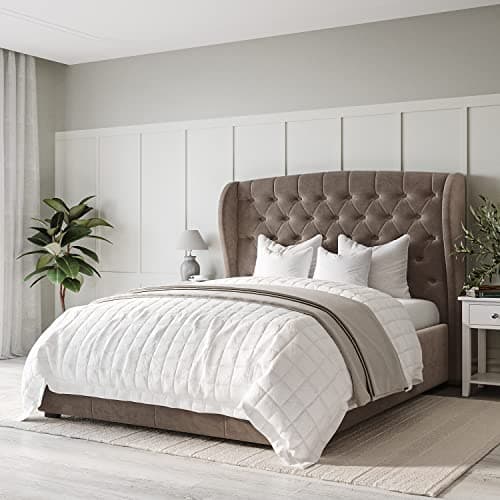 Image of Safina Mink Brown Velvet King Size Ottoman Bed with Winged Headboard