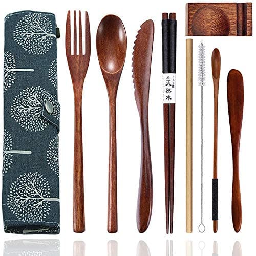 Image of Busnos 9-Piece Wooden Cutlery Set Portable Reusable Bamboo Utensils Travel Cutlery Utensils Set with Case, Including Reusable Knife Fork Spoon Chopsticks