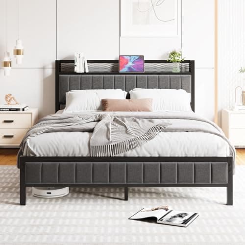 Image of BORPHOM King Size Bed Frame with Wooden Storage Headboard Shelf,5ft Upholstered Metal Platform Bed Frame King Size No Box Spring Needed,Strong Slat Support,Noise Free,Grey Bed 150x200cm