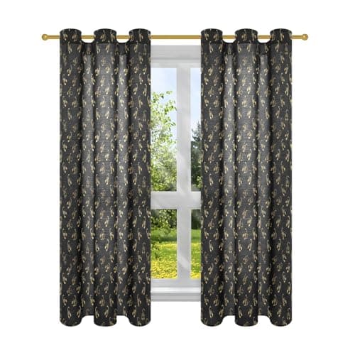 Image of Yoogain Seasons Scorpion Gold Black Semi Sheer Dining Room Curtains 63 Inch Length Light Filtering Two Pages Curtains for Window Treatments 2 Panels Set