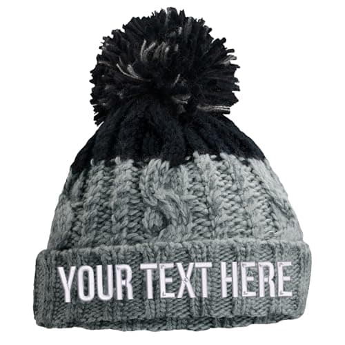 Image of Purple Print House Embroidered Apres Beanie Bobble Hat Custom Text Personalised Writing Winter Autumn Skiing Two Colour, One Size, Grey/Black