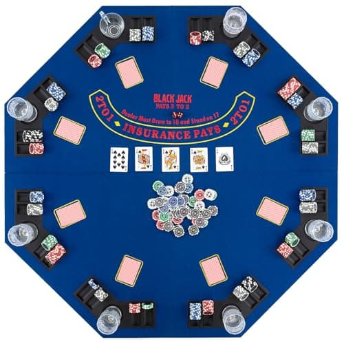 Image of COSTWAY 1.2M/48 Inches Poker Table Top, 8 Player Foldable Texas Holdem Poker Mat with Carrying Bag, Cup Holders, Chip Trays, Portable Blackjack Tables Topper for Card Casino Game (Blue)