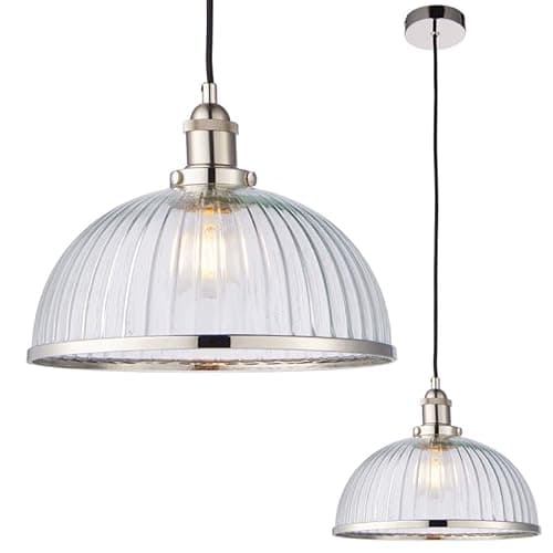 Image of National Lighting Zuri Pendant Light Knurled Lamp Holder with Glass Shade - Adjustable Height, Nickel Finish Retro Industrial Ceiling Light - E27 Socket Dimmable Indoor Ceiling Light Fitting
