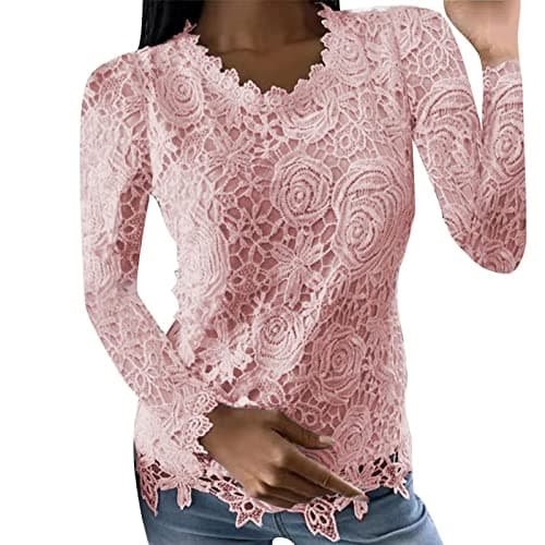 Image of White Lace Tops for Women UK - Ladies Blouses Going Out Elegant 2026 Summer Floral Lace Eyelet Shirts Crew Neck Ruffle Long Sleeve Plain Tee Shirts Casual Party Tunic Tops