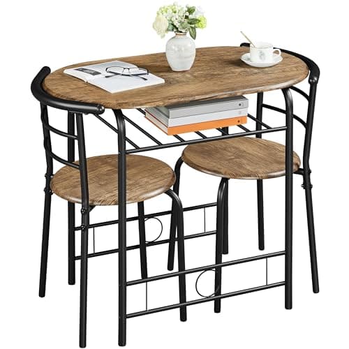 Image of Yaheetech 3 Piece Modern Dining Table Set, Kitchen Table and Chairs Set for 2, Space Saving Table Set, Breakfast Nook Table Set with Steel Legs and Storage Rack for Kitchen/Small Space, Brown