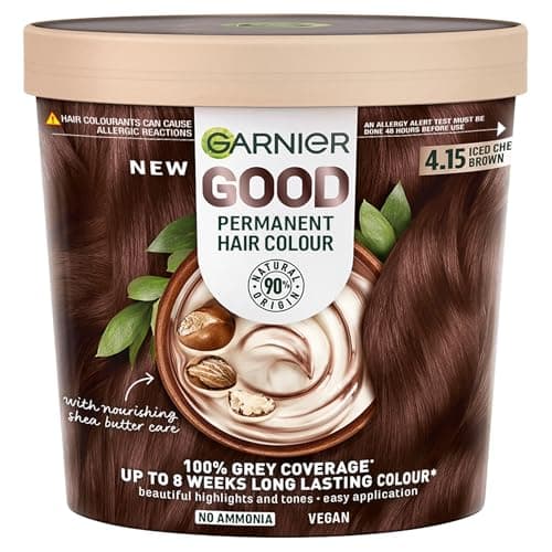 Image of Garnier GOOD Permanent Hair Dye, 4.15 Iced Chestnut Brown. Delivers 100% grey coverage and 8-week colour. No ammonia, vegan shea butter formula for cool, rich brown on all hair types.