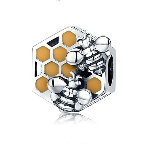 Image of Bee Hive 925 Sterling Silver Honeycomb Honey Bee Square Charm Beads fit Women Bracelet DIY Jewellery Making