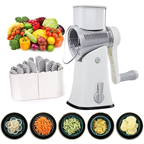 Image of BenRich 5 in 1 Rotary Cheese Grater, Kitchen Vegetable Slicer Shredder with 5 Interchangeable Blades, Comfort Handle & Suction Base, Dishwasher Safe Food Prep Tool for Home Cooking, White