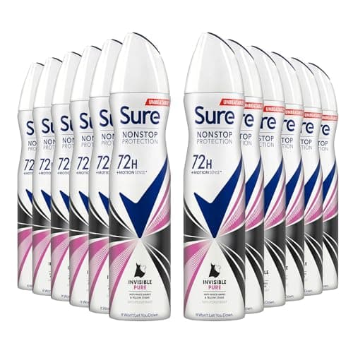 Image of Sure Antiperspirant 72H Nonstop Sweat and Odour Protection Alcohol-Free Body Spray Anti-White Markswith Fresh and Clean Multi Fragrance Deodorant for Women, 250ml (Invisible Pure, Buy 12)