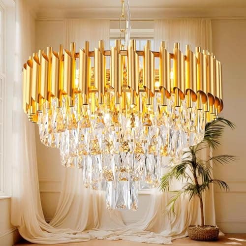 Image of MSSIAN Gold Modern Crystal Chandeliers 4-Tier K9 Round Crystal Light Fixture Small Gold Chandeliers Ceiling Light Fixture for Dining Room Living Room Bedroom Entryway E14*7Light