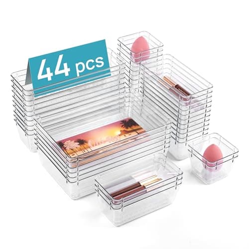 Image of Vtopmart 44 Pack Drawer Organiser, 4-Size Desk Organiser Drawers, Clear Plastic Storage Bins for Makeup, Bedroom, Kitchen Gadgets Utensils and Office