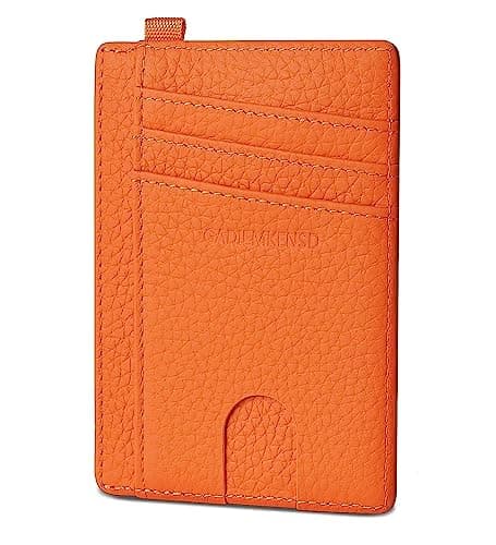 Image of GADIEMKENSD Minimalist Genuine Leather Credit Card Holder RFID Blocking Light Slim Wallet with D-Loop for Lanyard Key Compact Bus Pass Purse for Men Women Business Travel Orange