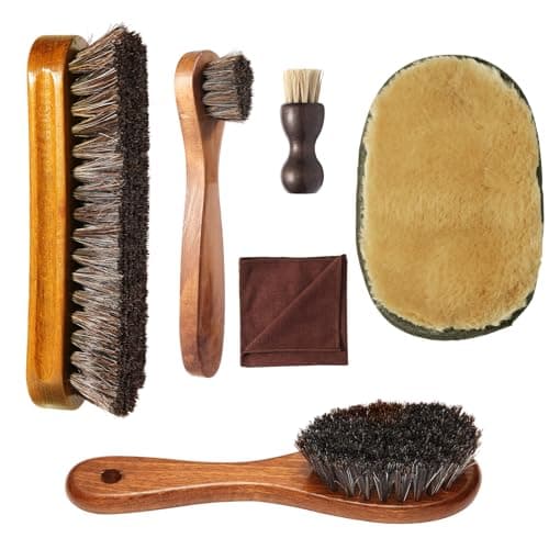 Image of 6PCS Shoe Brush Set - Horsehair Brush for Shoe Shine Polish Buff - 4 Pcs Shoe Polish Dauber Applicator Brushes + 1 Pcs Shoes Polish Cloth Glove-1 PCS Microfiber Cleaning Cloths