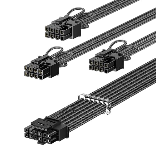 Image of Fasgear PCIe 5.0 GPU Power Cable Sleeved 70cm|16pin(12+4) 12VHPWR Connector for RTX 3090Ti 4080 4090 4070Ti |3x8pin(6+2) PCI-e Male Plug Compatible for ASUS EVGA Seasonic Fully Modular PSU(Black)