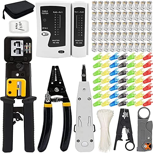 Image of MAYLINE Crimp Kit Network Tool Set for RJ45 RJ11/RJ12 Pass Through Ethernet Crimper CAT7 CAT5/CAT6 Crimping Cutter, Punch Down LAN Wire LAN Cable Stripper (Black)