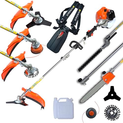 Image of NISSER 6-in-1 Garden Multi Tool 52cc Petrol Hedge Cutter, Chain Saw, Brush Cutter, Strimmer Line, Weed Moss Twisted Wire Brush Trimmer Kit 2 Stroke (NS67025)