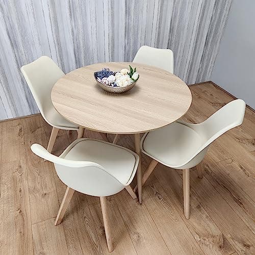 Image of KOSY KOALA Round Dining Table and Chairs Set for 4 Wooden Kitchen Dining Table with 4 Cream Dining Chairs Modern Dining Room Furniture 90 x 90 x 75 cm
