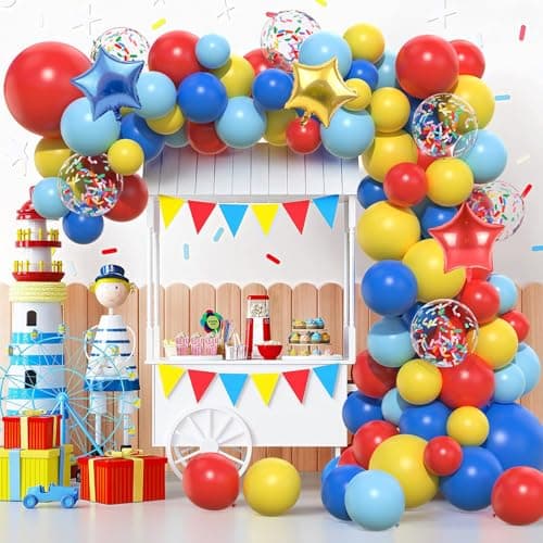 Image of Red Blue Yellow Balloon Arch Kit, 106pcs Carnival Circus Balloon Garland Arch Set with Star Foil Balloons Multicolor Confetti Balloons for Carnival Birthday Baby Shower Circus Theme Party Decorations