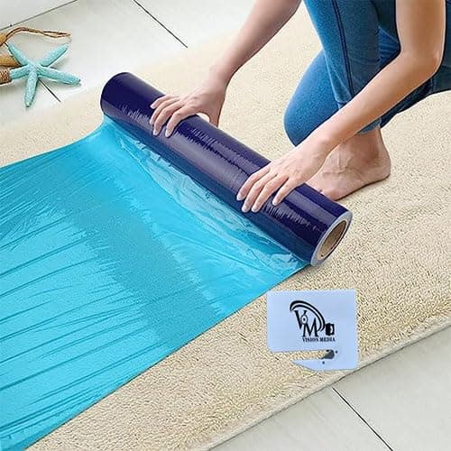 Image of VISION MEDIA® 50m x 60cm Transparent Blue Heavy Duty Carpet Protector – 80 Mic Strong Premium Plastic Self-Adhesive Floor Protector - Waterproof Carpet Roll - Easy Unwinding - Safety Cutter Included
