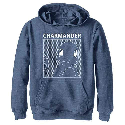 Image of Pokemon Kids Charmander Comic Box Youth Pullover Hoodie, Navy Mottled, S