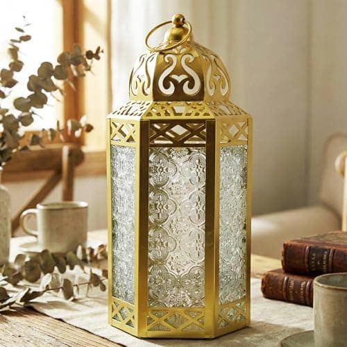 Image of Vela Lanterns Gold Metal Decorative Moroccan Lantern Candle Holder Lamp for Indoor or Outdoor Home Decor, Large