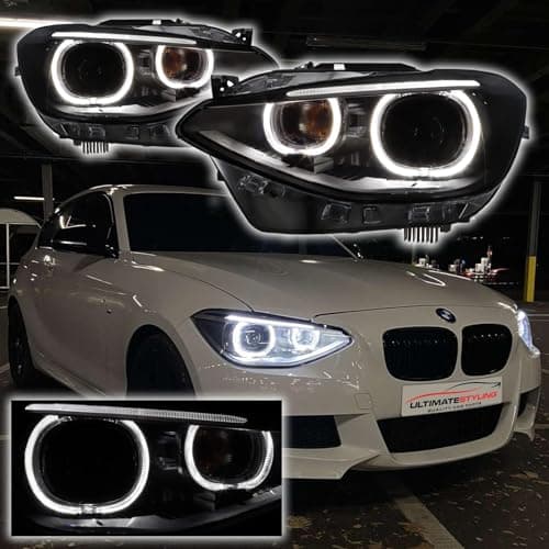 Image of Ultimate Styling Black Inner Projector Angel Eye Headlights With LED Daytime Running Lights Compatible with BMW 1 Series F20 F21 2011-2015 Models