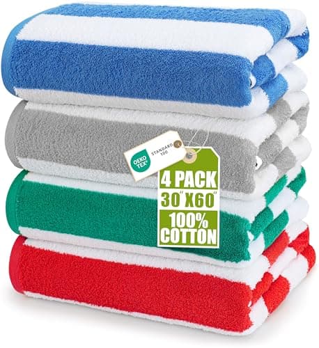 Image of Utopia Towels Cabana Stripe Beach Towels (76 x 152 cm) - 100% Ring Spun Cotton Large Pool Towels, Soft and Quick Dry Swim Towels (Pack of 4) (Blue, Grey, Red & Green)