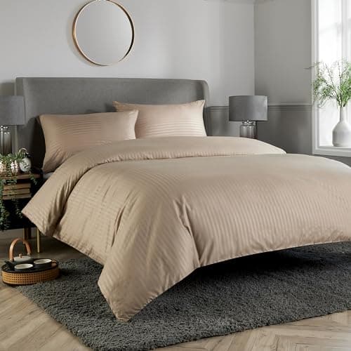 Image of Olivia Rocco Mayfair Stripe Duvet Cover Set Easy Care Satin Stripes Comforter Reversible Bedding Quilt Covers With Pillowcases, Double Natural