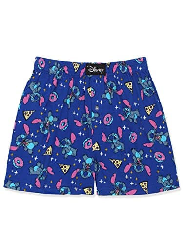 Image of Disney Lilo & Stitch Snacks Mens Cotton Jersey Button Fly Boxer Lounge Shorts (X-Large, Blue)