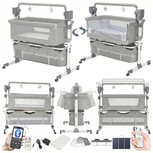 Image of Doraystar Electric Bluetooth Smart Next to Me Crib, Foldable Convertible Baby Bedside Crib, Co-Sleeping Bassinet, Infant Bedside Sleeper Cradle with Music, Remote and 5 Swaying Gears (601 Light Grey)