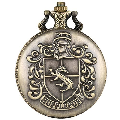 Image of CokinkiDs Bronze Pocket Watch Hufflepuff Theme Quartz HP Pocket Watch Roman Numerals Necklace Clock Retro Fob Chain