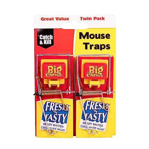 Image of The Big Cheese Fresh Baited Mouse Trap - Twinpack, Kills Mice with Spring Mechanism, Ready-To-Use, Plastic Coated Wood for Easy Cleaning, Indoor and Outdoor Use, Red