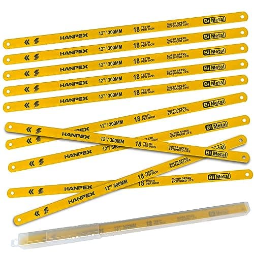 Image of Hanpex 300mm Hacksaw Replacement Blades (10 Pack) High Speed 18 TPI - 12" Length Hack Saw Blade - Bi-Metal HSS Cutting Blades