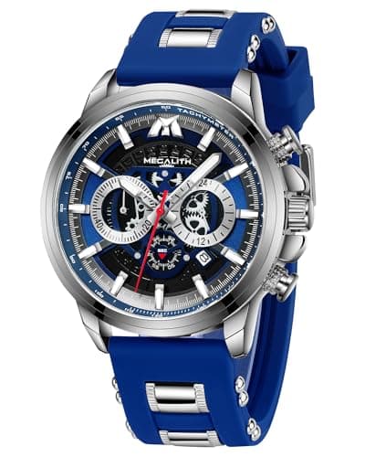 Image of MEGALITH Wrist Watches Chronograph Mens: Blue Stylish Analogue - Large Face Waterproof Wristwatch Rubber Gift for Gent
