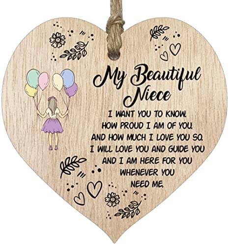 Image of Beautiful Niece Hanging Wooden Heart Sign Plaque Niece Gifts from Auntie Uncle - Light Wood Hearts Sign, Womens Gifts, Niece Gifts from Aunty, Inspirational Christmas Birthday Present