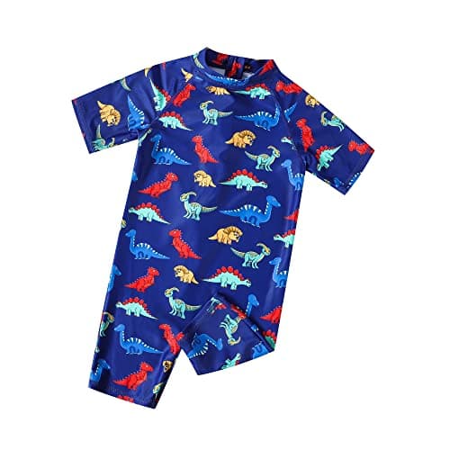 Image of Ewbob Boy Swimsuit Sun Protection Short Sleeve Bathing Suit Kids Dinosaurs All in One Piece Swimwear Ages 18 Months to 6 Years Swim Costume for Swimming Lessons, Beach and Pool,C1-002,5-6Y