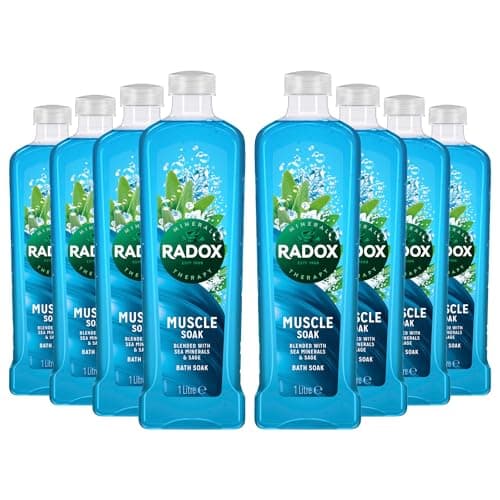 Image of Radox Mineral Therapy Bath Soak with Nature Inspired Unique Blend of Herbs for Men and Women pH Skin Neutrally Blended for All Skin Types Body Cleanser, 1 Litre (8 Pack, Muscle Soak)