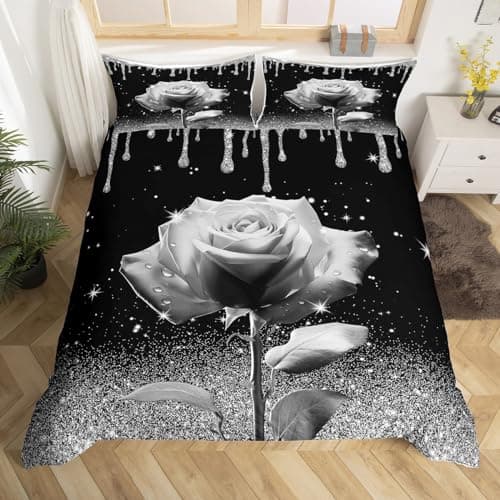 Image of 3D Grey Rose Duvet Cover Set Single Size, Silver Glitter Print(No Glitter) Bedding Set 2pcs for Kids Boys Girls Room Decor, Grey Flower Comforter Cover Soft Polyester Quilt Cover with 1 Pillowcase