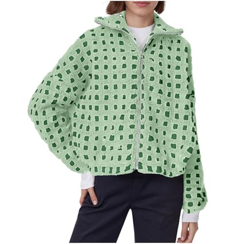 Image of NSICBMNO Green Bomber Jacket Women Oversized Sweatshirt Full Zip Fleece Jacket Ladies Checked Jackets Long Sleeve Cardigan High Neck Teddy Fleece Jackets Warm Winter Coats Fluffy Cardigans Outwear M