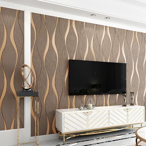 Image of Baketron Brown Wallpaper Gold Glitter Textured 3D Effect Embossed Wallpapers Taupe Wave Stripes Wall Paper Roll Modern Feature for Living Room Bedroom Adults Hallway Kitchen Front Room