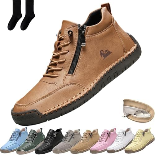 Image of Handmade Leather Orthopedic Comfy Shoes for Women and Mens, Women's Leather Trainers with Side Zip Flats, Outdoor Casual Driving and Walking Shoes (Brown,38EU)