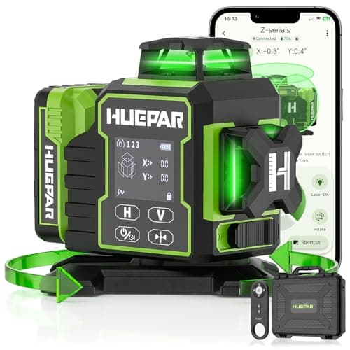 Image of Huepar W03CG New Construction Laser Level 3x360 Self Leveling, 3D 12 Lines Bluetoothed Laser Level with Electric Rotating Base ＆ Large LCD Screen, 3 Planes Green Cross Lazer Leveler Tool