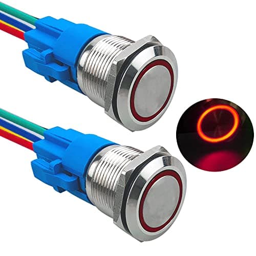Image of Aiqeer 2 Pcs 19 mm Momentary Push Button Switch, 12V / 24V 5A Car Ignition Starter Switch, IP67 Waterproof Stainless Steel Push Button Switch, with Pre-Wired Socket (Red LED)