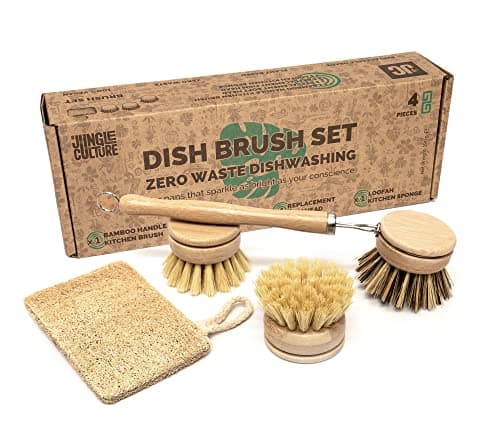 Image of JUNGLE CULTURE Premium Washing Up Brushes & Loofah Scourer • Eco Dish Brush Set • Long Handle Bamboo Brush with 3 Replacement Heads • Eco Friendly Dishwashing • Wooden Kitchen Brush Pans Plates Dishes