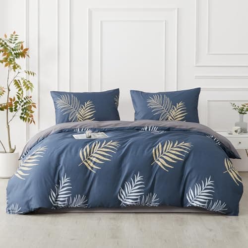 Image of SAPHREAS Tropical Navy Blue Leaf Duvet Cover Set 100% Cotton Double Size, Botanical Monstera Leaf Pattern Bedding Comforter Cover Set with Zipper Closure, 1 Duvet Cover 2 Pillow Shams, No Comforter