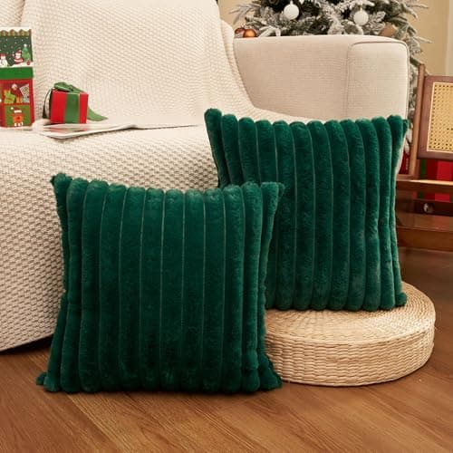 Image of Dark Green Christmas Cushion Covers 45 x 45 Fluffy Faux Fur Set of 2 Throw Pillow Covers Soft Plush Pillowcases for Sofa Bed Modern Style Home Decor Fluffy Striped Cushion Cover 18x18 Inches
