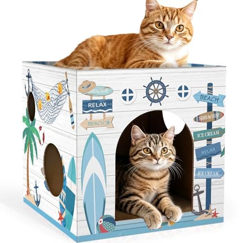 Image of Cinrobiye Christmas Cardboard Cat House with Scratcher Pet Gingerbread Board Bed Cave Playhouse Hideaway Hideout Condo Decor Small Animals Scratch Box for Indoor Cats Kittens Rabbits Bunny (Blue1, 1)