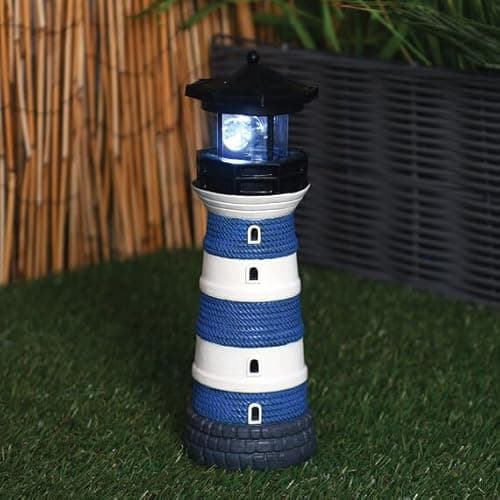 Image of New Lighthouse Garden Decoration with Solar Light – Multicolour Outdoor Ornament – Auto Lighting at Dusk – Weather Resistant – 27.5cm Tall N-31 (Blue & White)